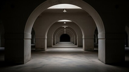 Fototapeta premium Endless arched corridor perspective leading into darkness with dramatic lighting and shadows