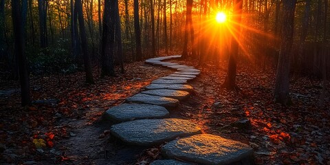 Winding stone path through forest