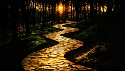 Winding stone path through forest