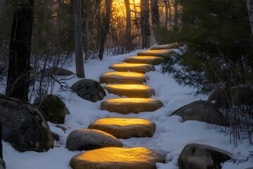 Winding path through snowy forest
