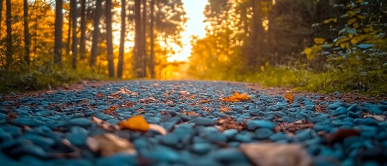 Gravel path through sunlit forest