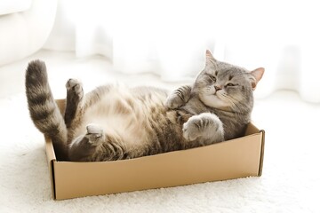 Gray tabby cat lying in small cardboard box on white carpet for lifestyle and pet behavior content