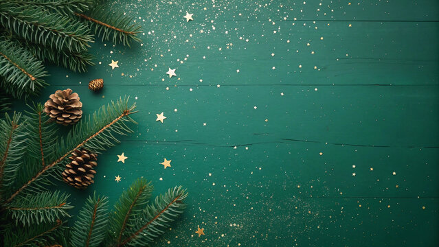 Christmas tree branches with cones and fir on green background ,
Christmas decorated background with fir and cones - Powered by Adobe