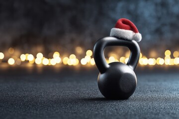 Fototapeta premium A shiny black kettlebell sits on a matte black gym surface, topped with a tiny red and white Santa hat, bathed in bright, playful lighting, evoking a fun holiday spirit