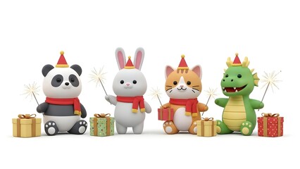 Naklejka premium Festive cartoon animals, including a panda, rabbit, cat, and dragon, celebrating with sparklers and gifts.