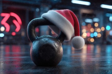 A black kettlebell positioned on a sleek black gym floor, topped with a playful red and white Santa Claus hat, captured in bright, dynamic lighting to evoke a spirited Christmas fitness vibe