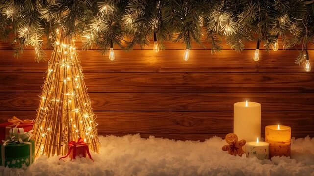 Rustic Christmas Background with Illuminated Straw Tree, Candles, Gifts, and Snow on Wood