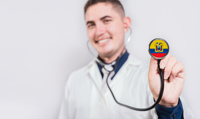 Doctor showing stethoscope with Ecuador flag. Ecuador national healthcare concept