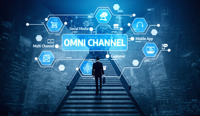 A business professional ascends stairs in an urban environment, approaching an omni-channel concept displayed through digital icons, symbolizing modern marketing strategies. Tessel