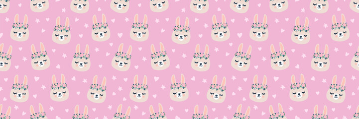 Obraz premium Cute seamless pattern with bunny faces wearing floral crowns on a pink background. Adorable girly design with hearts and stars, perfect for kids textiles, wrapping paper, nursery decor, spring prints.