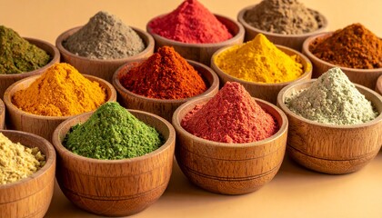 Assortment of colorful spices in wooden scoops on beige background