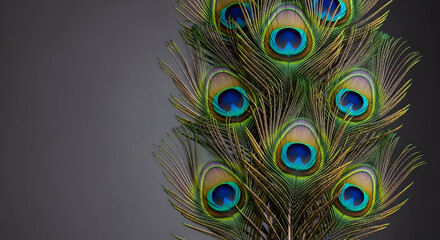 Obraz premium Vertical Stack of Vibrant Peacock Ocellus Feathers on Gray Background with Copy Space