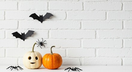 Halloween still life with two cute pumpkins, spiders, and bats against a white brick wall with copy space