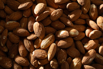 A top down view of a pile of almonds, as a background.