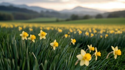 A field of yellow daffodils in full bloom with green grass and hills in the background, captured during sunset.