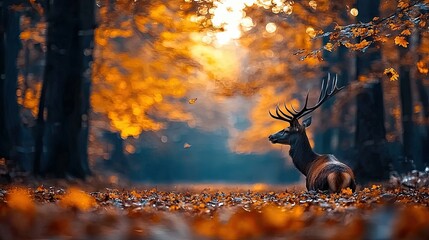 A majestic deer resting on the forest floor in autumn, surrounded by fallen leaves and bathed in golden sunlight.