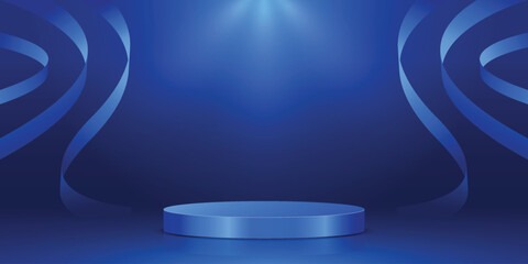 Elegant spotlight blue podium background with ribbon.