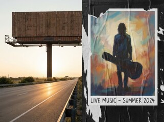 Roadside Billboard and Live Music Poster at Sunset.