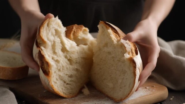 Close-up of hands gently tearing apart a warm, freshly baked rustic loaf, revealing its soft, airy interior and inviting texture. The homemade quality of the delicious bread is clearly emphasized here