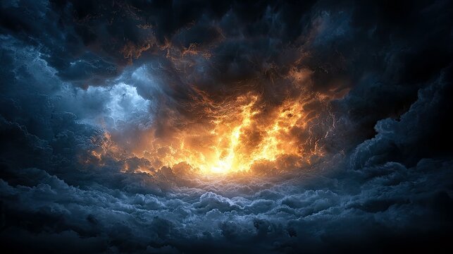 A dramatic image of dark clouds with a bright, fiery light shining through, creating a sense of awe and power.