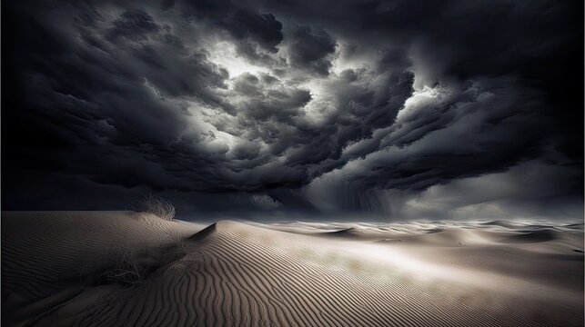 A dramatic landscape featuring dark storm clouds gathering over desert dunes, creating a moody and ominous atmosphere.