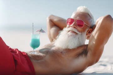 Elderly bearded man santa  in red sunglasses sunbathing on white sand beach