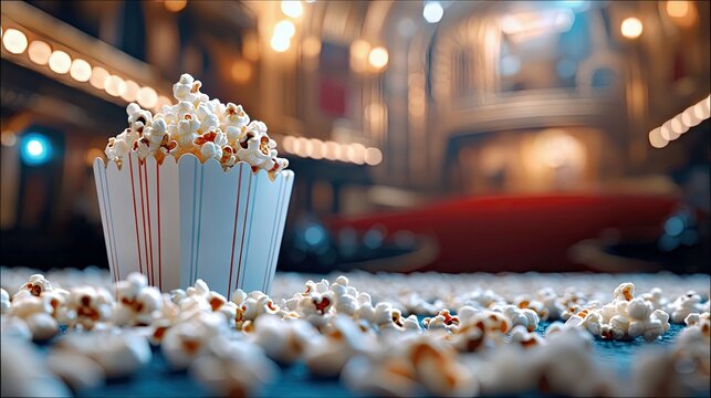 A cup of popcorn sits on a floor covered in popcorn, with a blurred theater background and dramatic lighting.