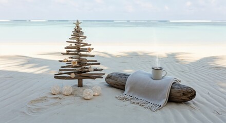 Driftwood Christmas tree decorated with seashells on a tropical sandy beach with a steaming mug and blanket, celebrating holidays by the ocean.