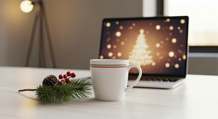 Cozy holiday season desk setup with a festive mug, natural pine branch decoration, and sparkling Christmas tree on a laptop screen