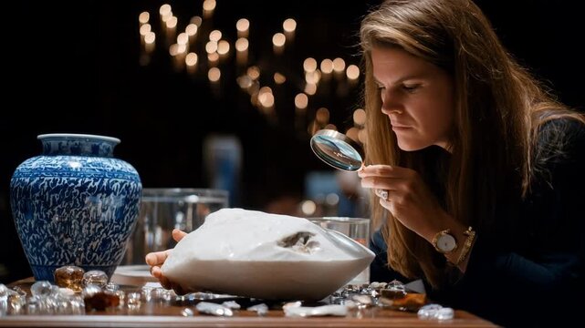 Medium shot of an expert inspecting a rare artifact with a magnifying glass ensuring authenticity before auction.