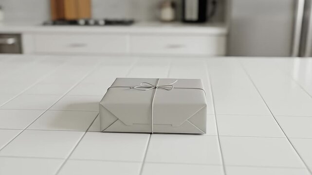A small, wrapped package sits on a white kitchen island, ready to be opened or delivered.