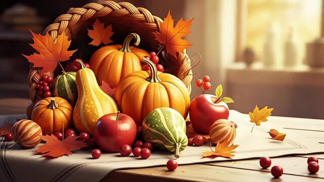 A bountiful cornucopia overflowing with autumn harvest, including pumpkins, gourds, apples, and cranberries, set on a rustic wooden table with scattered fall leaves, evoking a sense of warmth and abu.