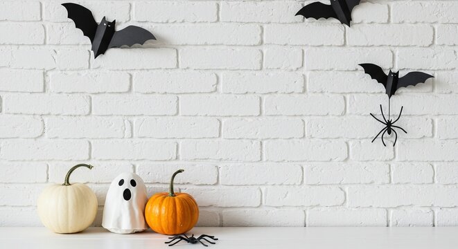 Festive Halloween Decor Featuring Pumpkins, Ghost, Bats, and Spider on a White Background
