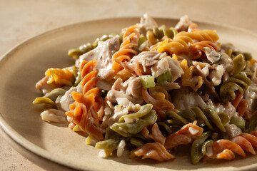 A view of a plate of gluten-free chicken pasta salad.