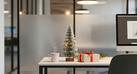Festive Christmas decorations on a modern office desk with a steaming mug and gift, creating a cozy holiday work atmosphere.