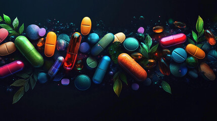Vibrant pills and capsules with botanical accents for holistic health and wellness advertising campaigns, striking medical background for product promotion