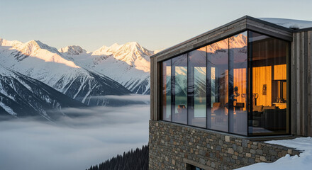 A solitary modern cabin positioned on a snowy mountain ledge with crisp alpine light, rendered in clean photoreal style.