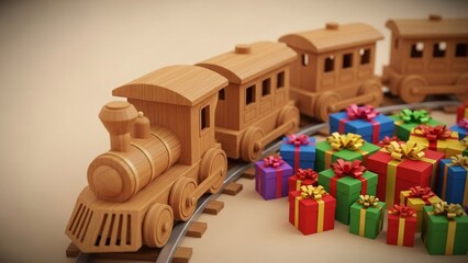 Wooden Train Carrying Gifts: A charming wooden train, symbolic of joyful journeys, chugs along tracks, laden with brightly wrapped gift boxes, evoking the spirit of celebration.