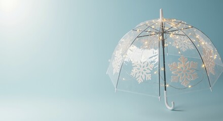 A transparent umbrella decorated with white snowflakes and glowing fairy lights. Festive winter and Christmas holiday concept. Minimalist blue background with copy space for text