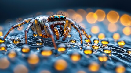 A close-up macro shot of a spider on its web, covered in water droplets, with a blurred bokeh background.