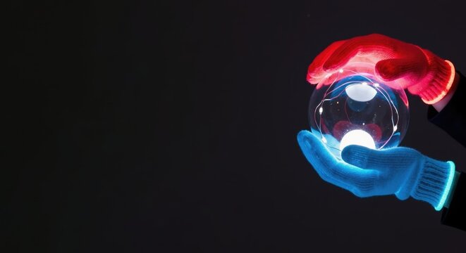 Hands in glowing red and blue gloves holding a luminous sphere. Futuristic technology and innovation concept on a dark background with copy space
