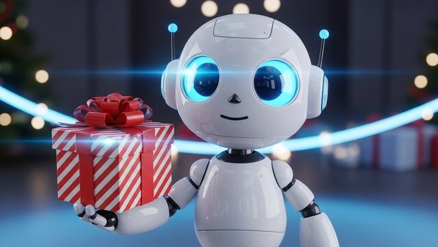 Robot Holding Gift Box: A friendly robot, its glowing eyes alight with futuristic cheer, presents a beautifully wrapped gift box, embodying the spirit of futuristic giving.