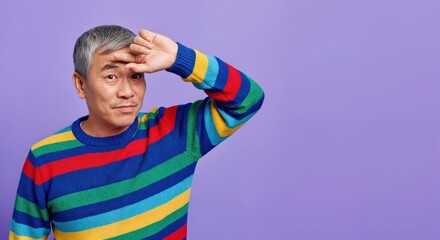 Middle-aged Asian man with grey hair wearing a vibrant colorful striped sweater, shielding his eyes while looking forward against a bright purple background.