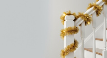 Gold tinsel garland with lights decorating a white staircase banister. Festive home interior for Christmas celebration. Holiday background with copy space for text