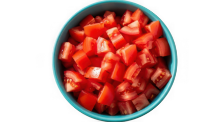Freshly diced tomatoes in a teal bowl isolated on transparent background