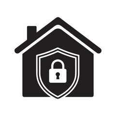 Home security black glyph icon. House protection symbol with shield and padlock. Property safety, smart home system, and insurance concept. Vector illustration isolated.
