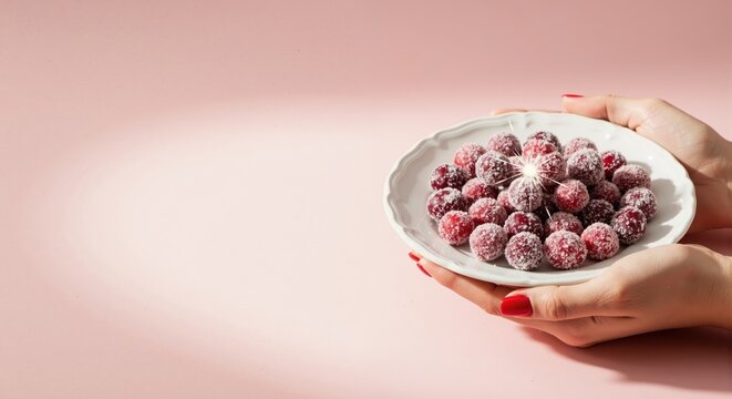 Woman holding a plate of sugared cranberries on a pink background. Frosted red berries with sugar crystals. Christmas holiday food concept with copy space