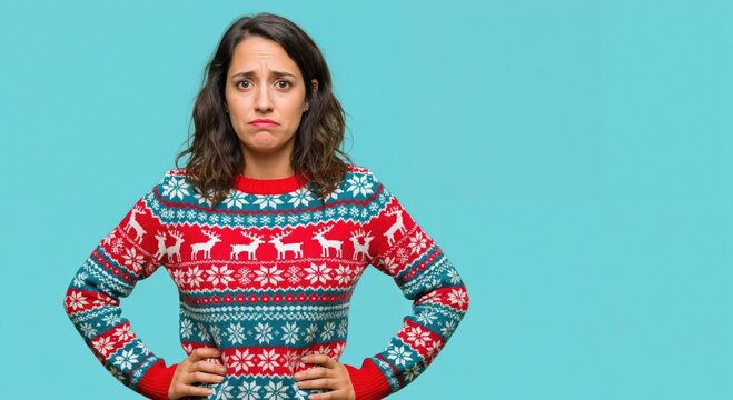 Disappointed young adult woman in a festive ugly Christmas sweater with reindeer and snowflake patterns, standing with hands on hips against a blue background, looking sad and upset.