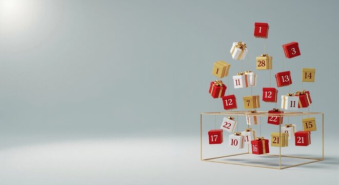 Minimalist advent calendar with red, white, and gold gift boxes floating from a frame. Holiday countdown concept for Christmas and New Year. Modern festive background with copy space
