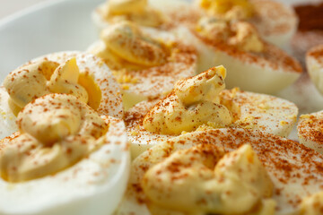 A closeup view of some deviled eggs.